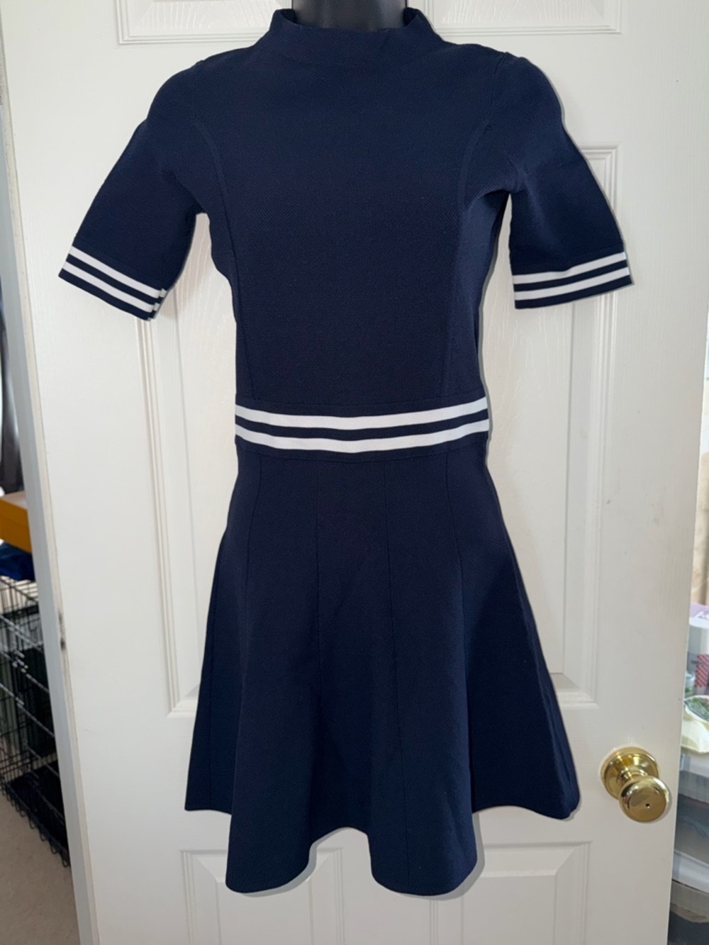 Sandro navy, blue and white “Rayana” high neck dress